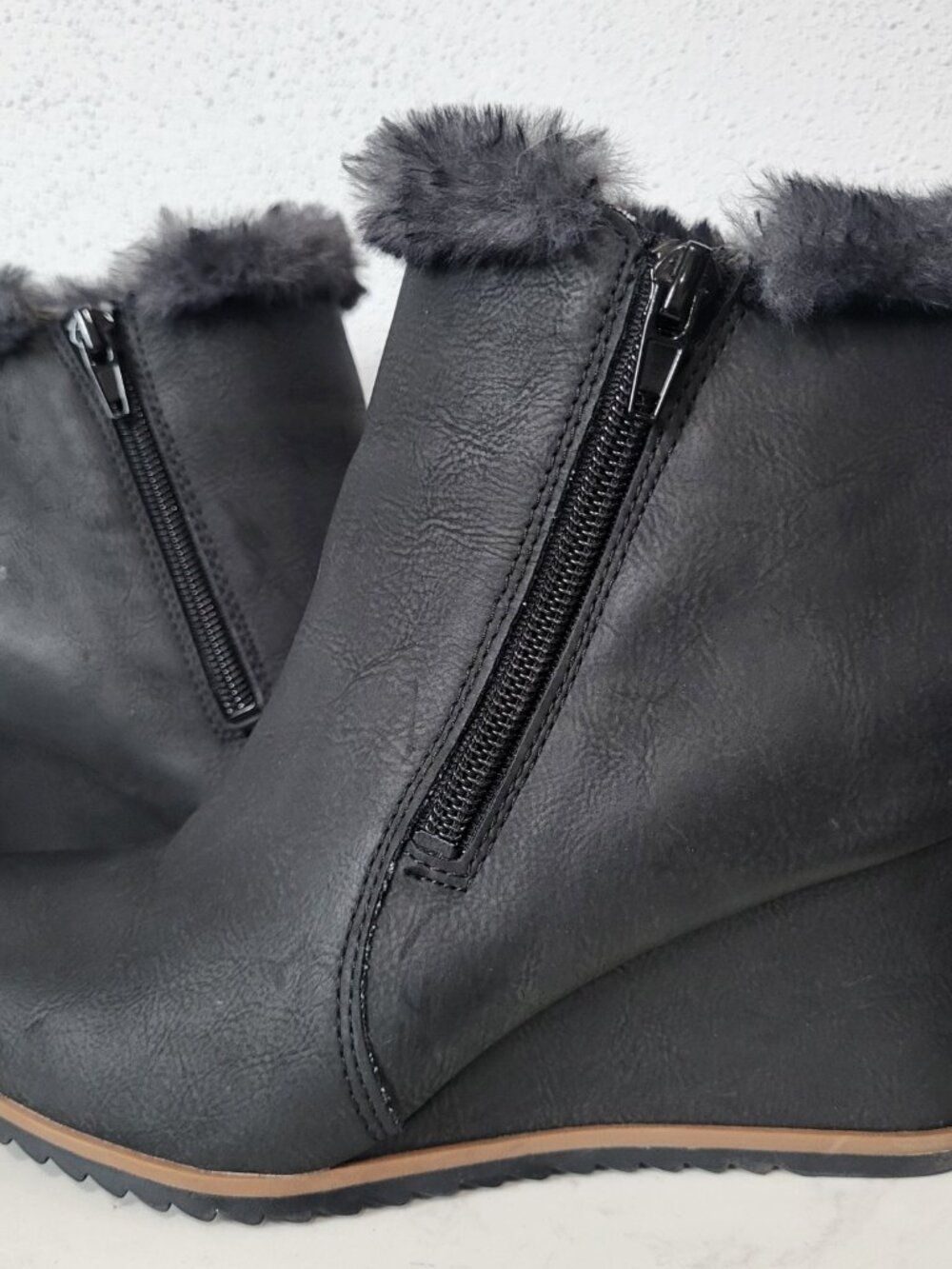 NWOB~SOUL NATURALIZER~SZ 7~BLACK GRAY ZIP FAUX FUR WEDGE HEELS BOOTIES BOOTS